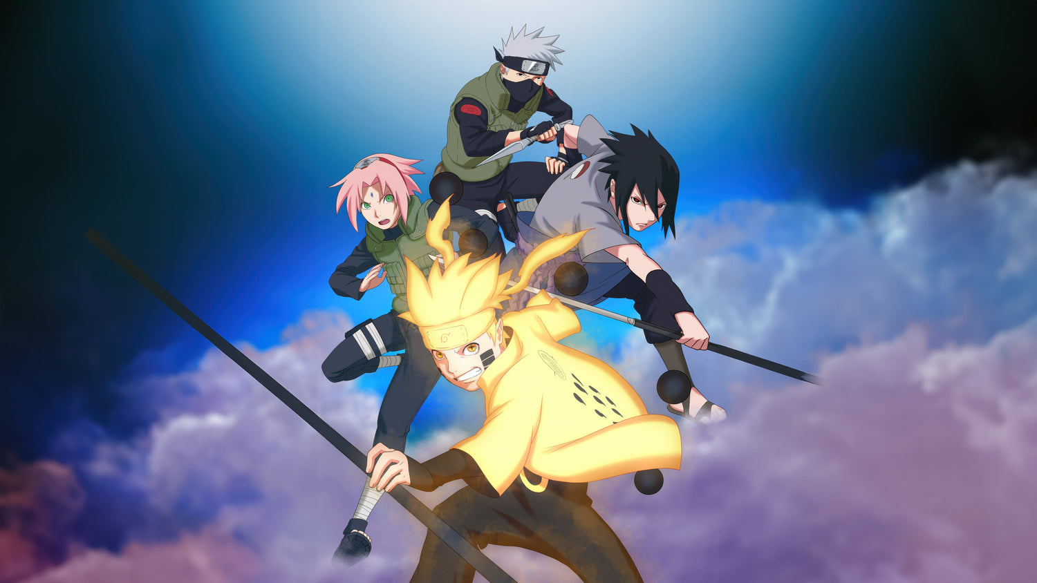 Fan art of Team 7 from Naruto, showing a young Sasuke Uchiha, Sakura Haruno, and Naruto Uzumaki sleeping together, while Kakashi Hatake sits awake with his book, watching over his students.