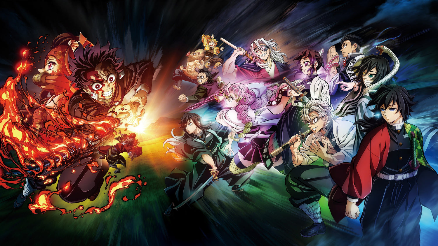 Key art for Demon Slayer showing Tanjiro using his Hinokami Kagura fire breathing on the left, with the nine Hashira, including Giyu Tomioka and Shinobu Kocho, assembled on the right against a dark, dramatic background.